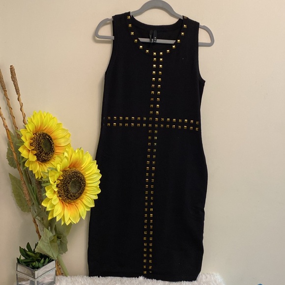 New Direction.  Gold tone embellishments Black stretch dress Sz M. - Picture 4 of 14